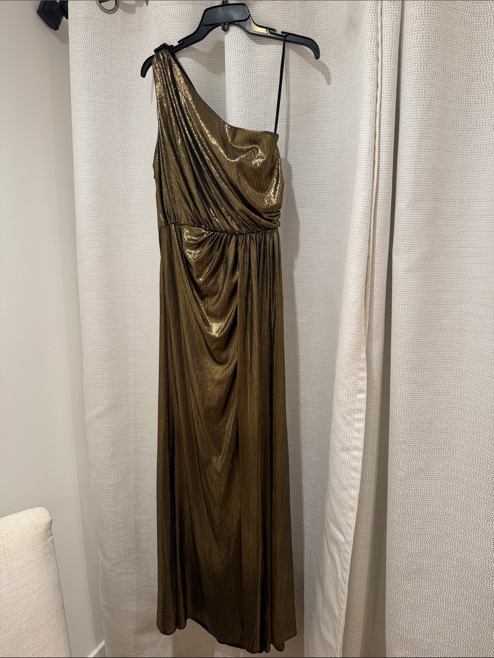 Mac Duggal One-Shoulder Metallic Olive Dress